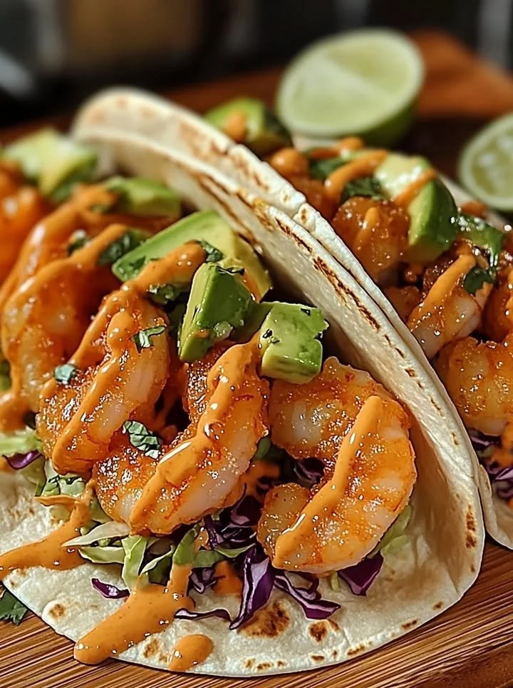 Delicious Bang Bang Shrimp Tacos topped with fresh ingredients on a wooden table.