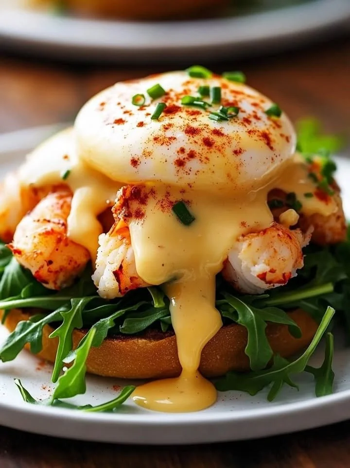 Delicious Bay Lobster Eggs Benedict with spicy Cajun Hollandaise sauce