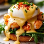 Bay Lobster Eggs Benedict plate with Cajun Hollandaise sauce and garnishes
