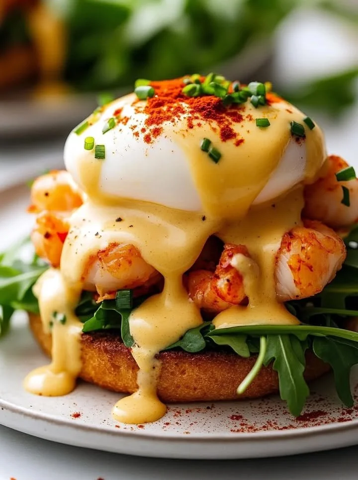 Bay Lobster Eggs Benedict plate with Cajun Hollandaise sauce and garnishes
