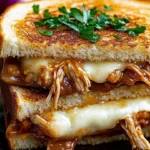 Delicious BBQ chicken grilled cheese sandwich with melted cheese and barbecue sauce