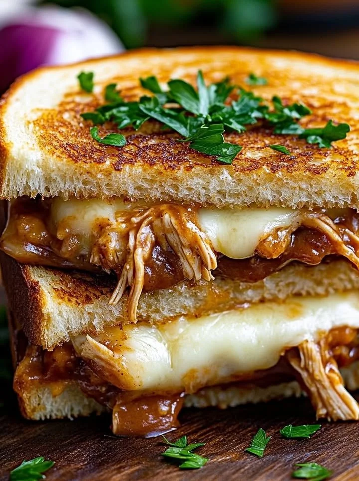 Delicious BBQ chicken grilled cheese sandwich with melted cheese and barbecue sauce