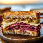 Beef Reuben sandwich with tender beef, sauerkraut, and melted cheese on toasted bread