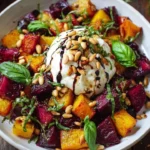 Beet Burrata Salad topped with pine nuts and drizzled with balsamic glaze