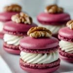 Beetroot macarons with savory whipped cheese topping on a rustic wooden table