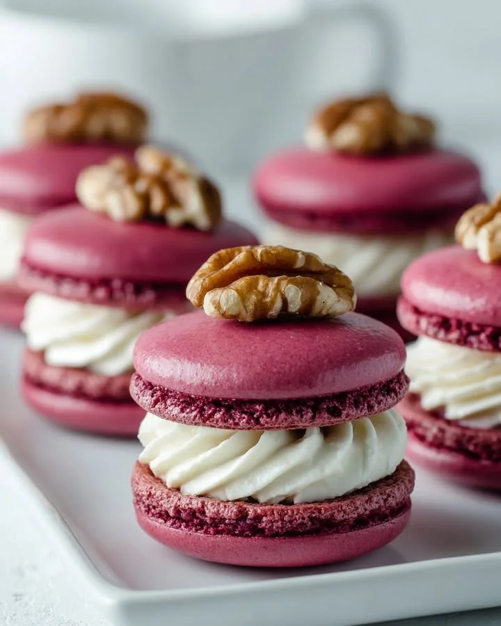Beetroot macarons with savory whipped cheese topping on a rustic wooden table