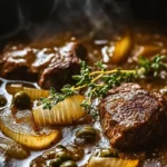 Plate of Belgian-style slow-cooked beef stew with vegetables on a rustic table