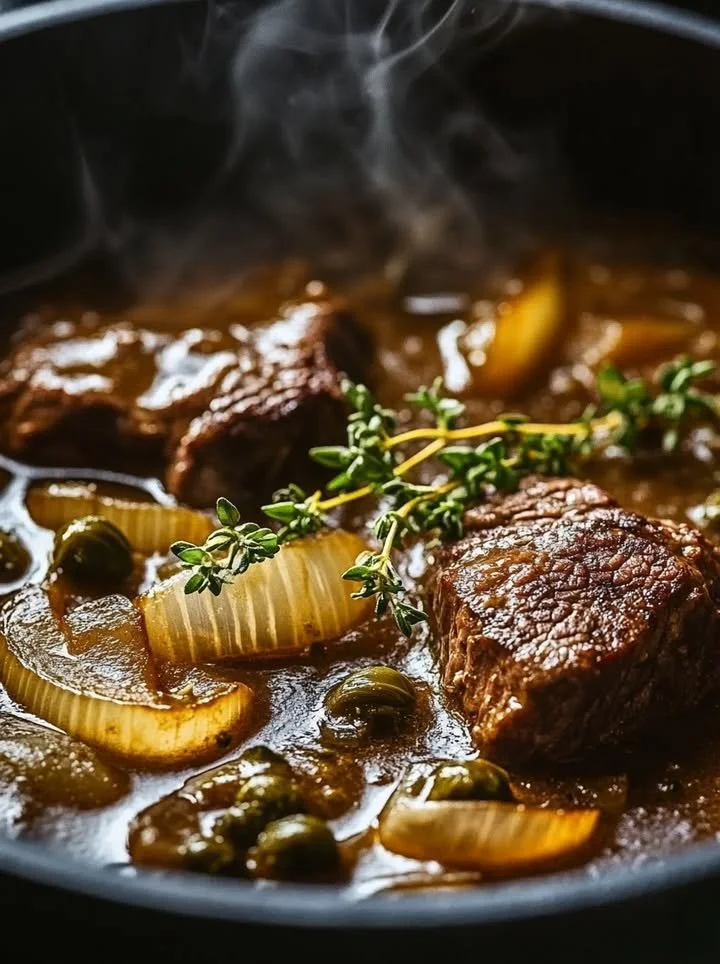 Plate of Belgian-style slow-cooked beef stew with vegetables on a rustic table