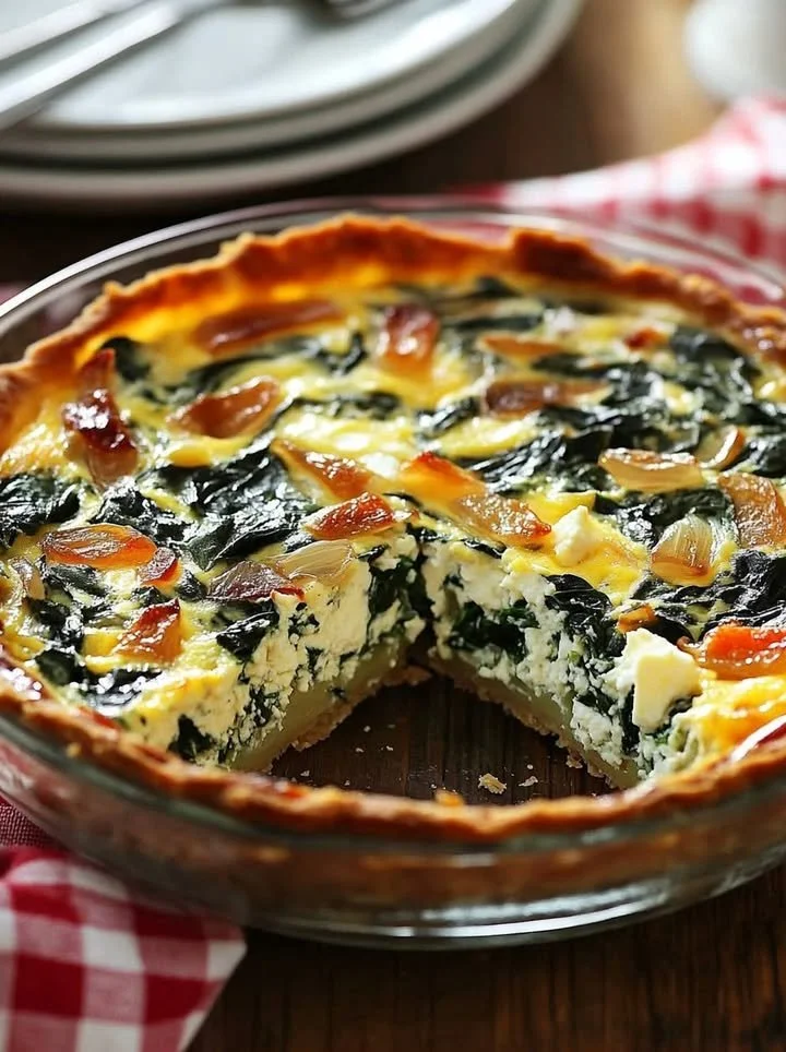 Delicious crustless spinach, onion, and feta quiche served on a plate