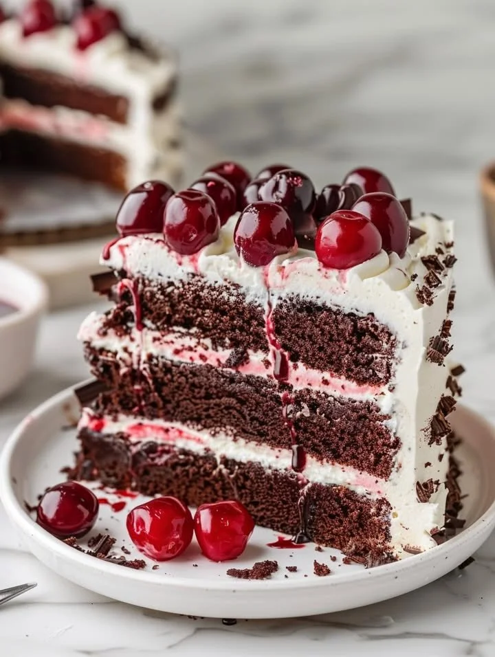 Delicious slice of Black Forest Cake topped with cherries and whipped cream.