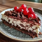Decadent Black Forest Cheesecake garnished with cherries and chocolate shavings