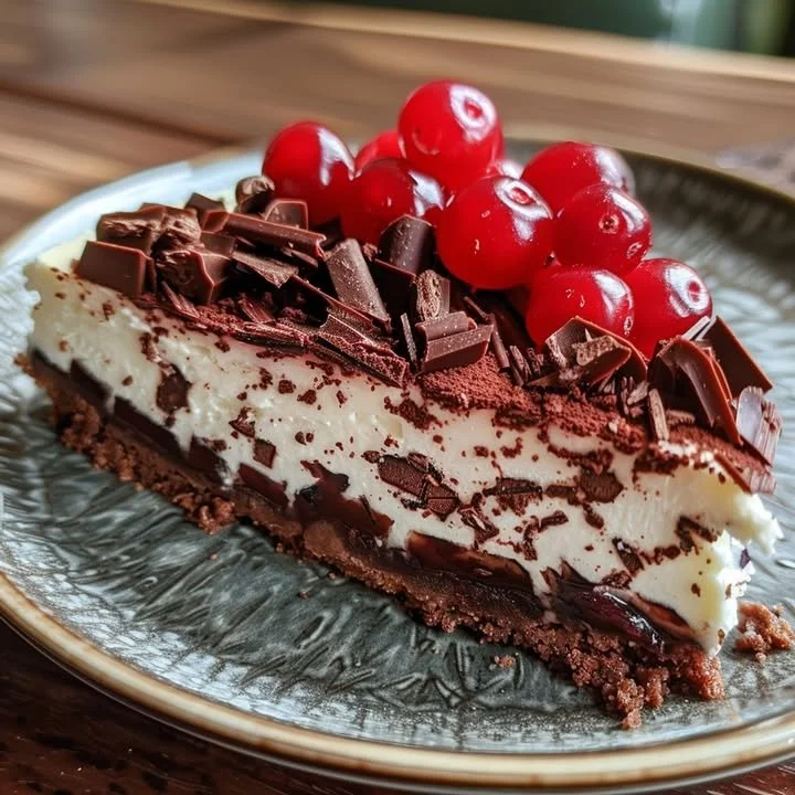 Decadent Black Forest Cheesecake garnished with cherries and chocolate shavings