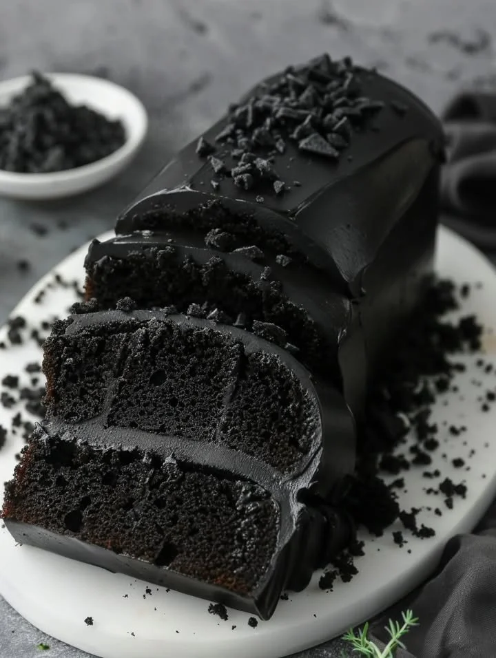 Delicious slice of black velvet cake roll with cream filling on a white plate.