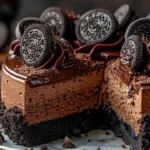 Decadent Black Velvet Dark Chocolate Oreo Cheesecake slice on a plate