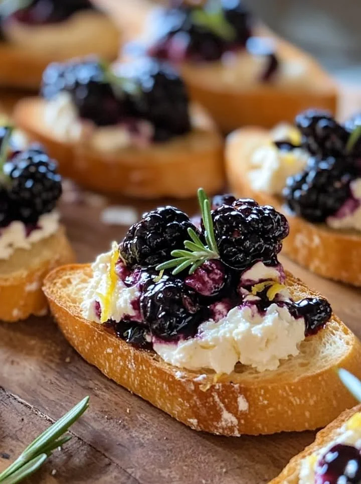 Blackberry goat cheese crostini topped with fresh berries and herbs