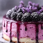 A slice of Blackberry Lavender Cream Cake topped with fresh blackberries and lavender sprigs.