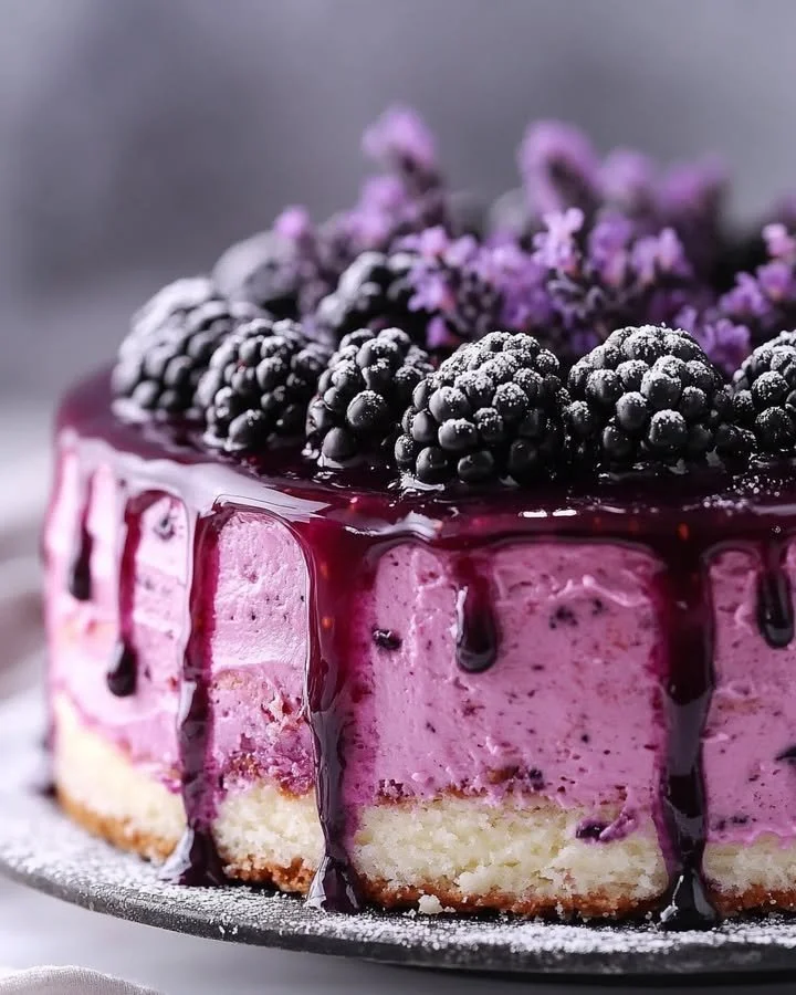 A slice of Blackberry Lavender Cream Cake topped with fresh blackberries and lavender sprigs.