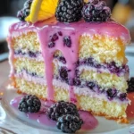 Delicious Blackberry Lemon Drip Cake decorated with blackberries and lemon drizzle