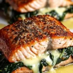 Blackened salmon fillet stuffed with spinach and parmesan cheese