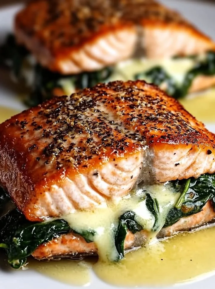 Blackened salmon fillet stuffed with spinach and parmesan cheese