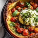 Delicious savory Dutch baby with blistered tomatoes and burrata cheese