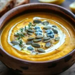 Delicious blue cheese and lemon infused roasted squash soup in a bowl