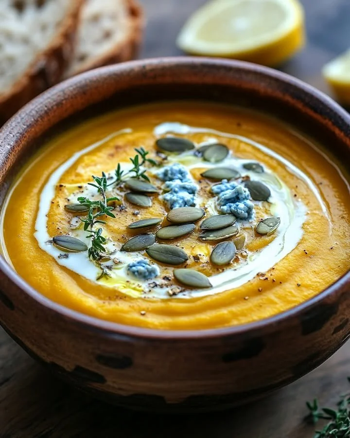Delicious blue cheese and lemon infused roasted squash soup in a bowl