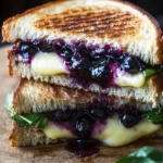 Blueberry Balsamic Grilled Cheese sandwich with melted cheese and blueberries