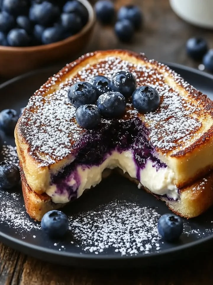 Delicious Blueberry Cheesecake Stuffed French Toast on a plate with fresh berries