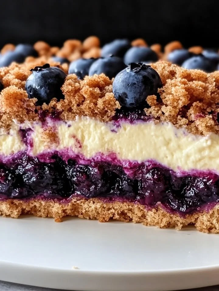 Blueberry Cream Cheese Crumb Cake topped with crumbly streusel and fresh blueberries.