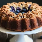 Delicious blueberry crumble coffee cake with a crunchy topping and blueberries