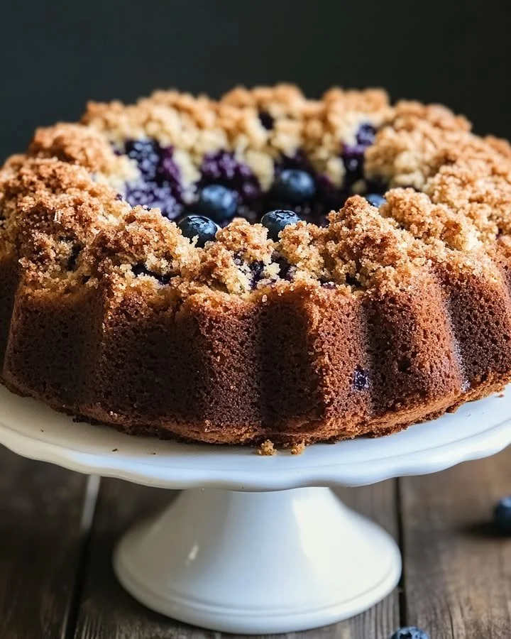 Delicious blueberry crumble coffee cake with a crunchy topping and blueberries