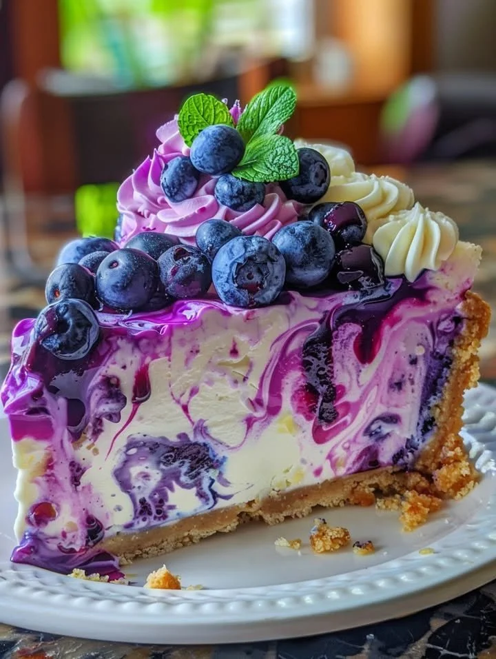 Delicious Blueberry Lemon Swirl Cheesecake with berry topping