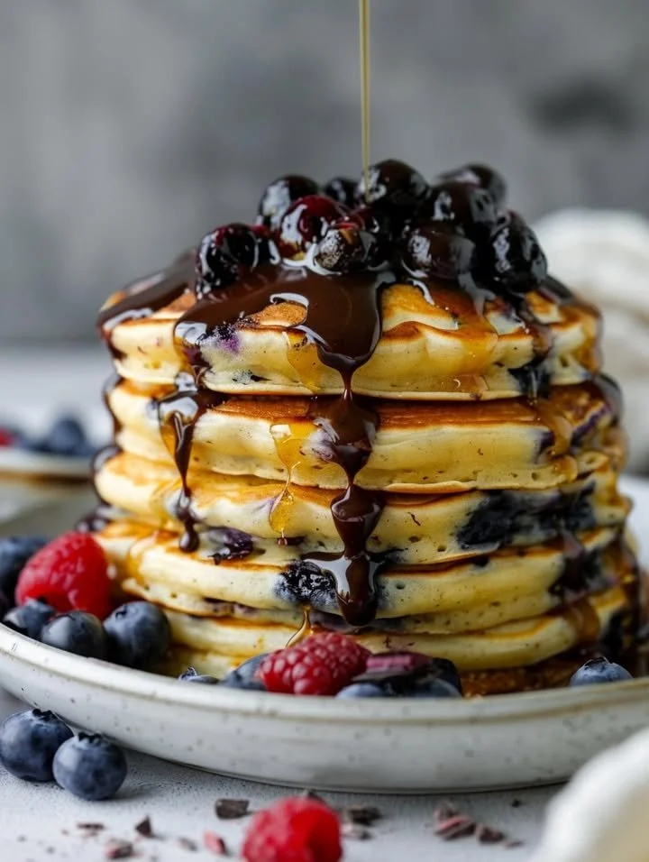 Delicious blueberry pancakes topped with chocolate ganache and berry sauce