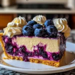 Delicious Blueberry Swirl Cheesecake topped with fresh blueberries and cream