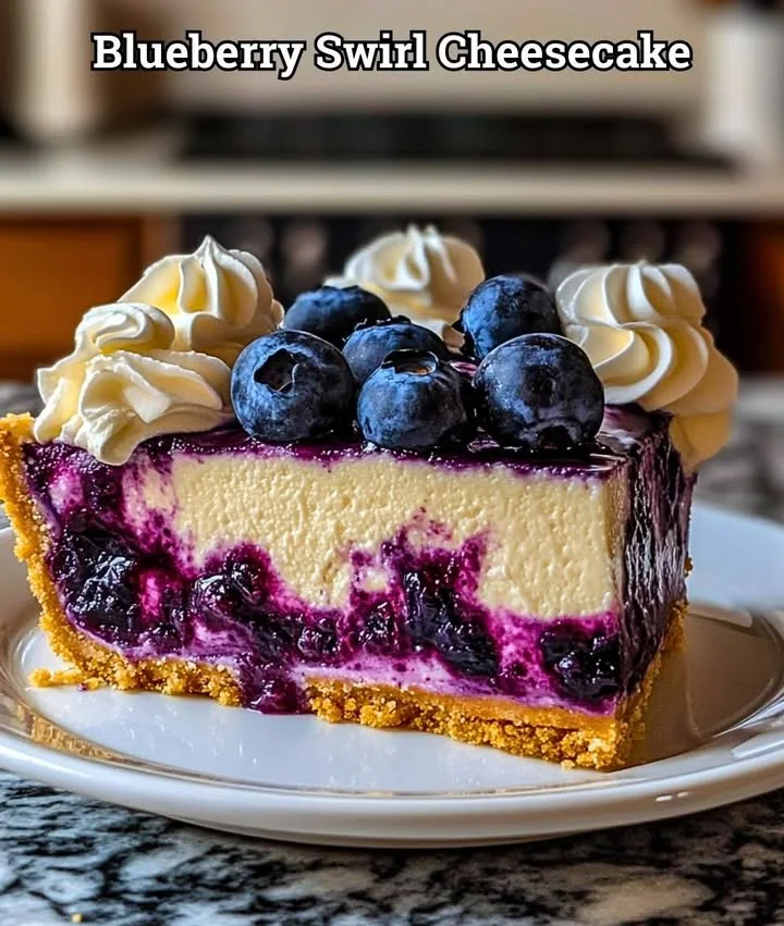Delicious Blueberry Swirl Cheesecake topped with fresh blueberries and cream
