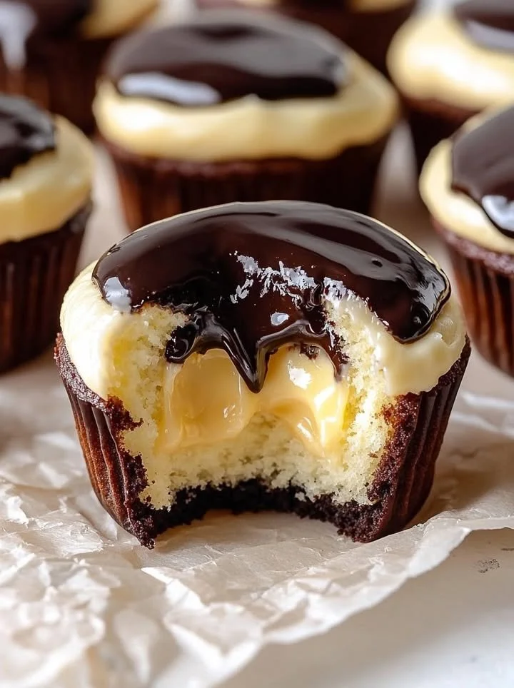 Delicious Boston Cream Cupcakes topped with chocolate glaze and cream filling