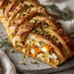 Braided sweet potato puff pastry topped with pistachio crunch, served on a plate.