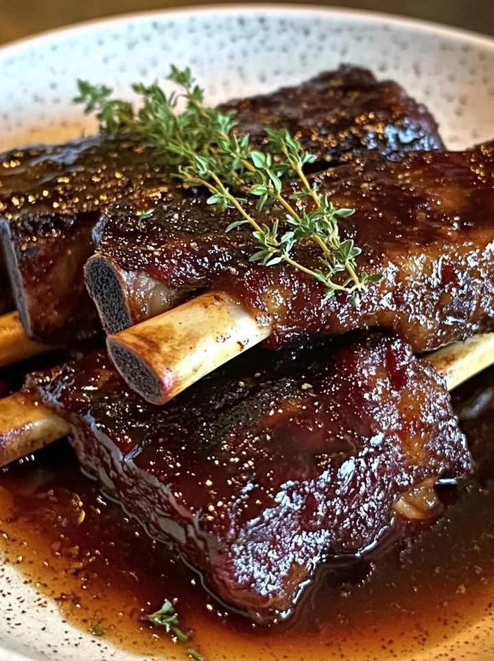 Tender braised beef short ribs served on a plate with garnish