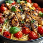 Bruschetta Chicken Pasta with tomatoes, basil, and grilled chicken in a bowl