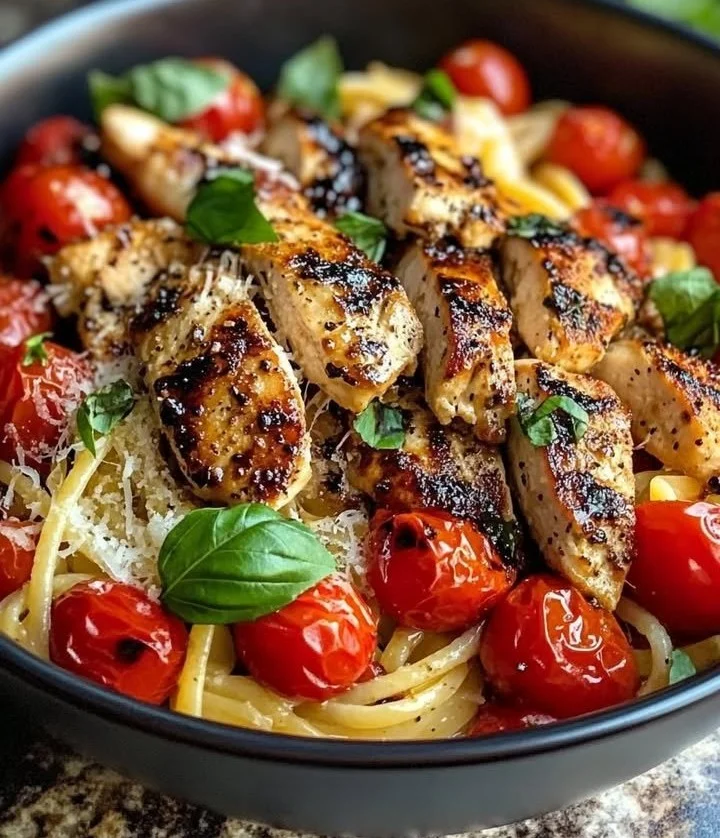 Bruschetta Chicken Pasta with tomatoes, basil, and grilled chicken in a bowl