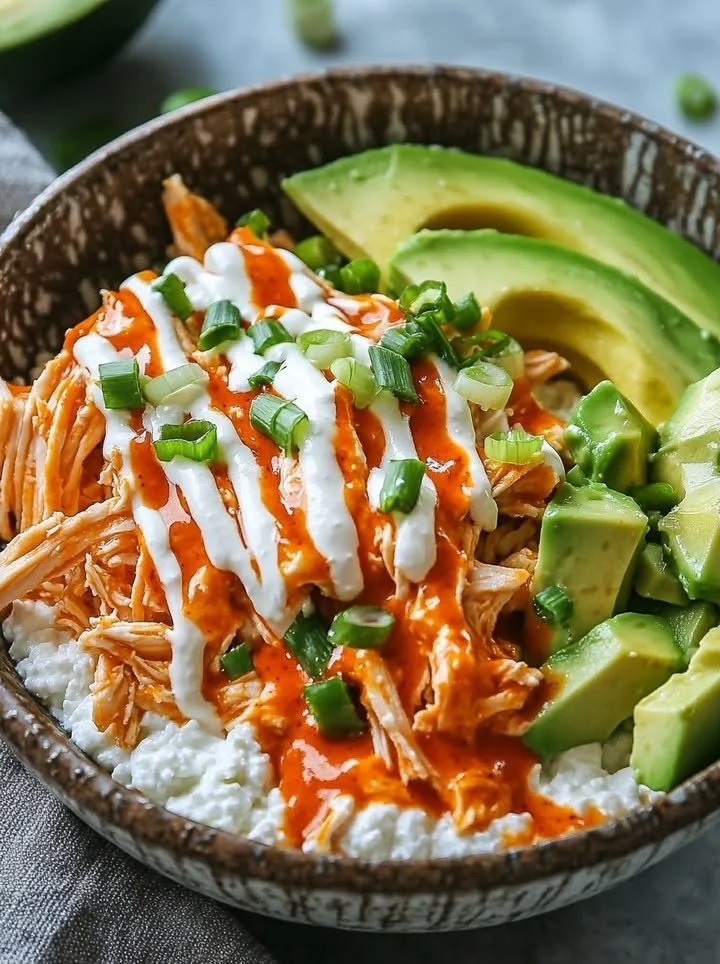 Buffalo Chicken Cottage Cheese Bowl garnished with fresh herbs