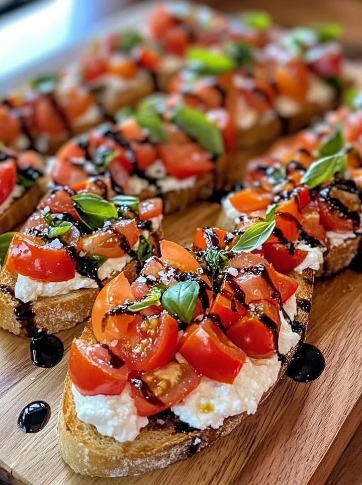 Delicious burrata bruschettas with fresh toppings on a rustic wooden table