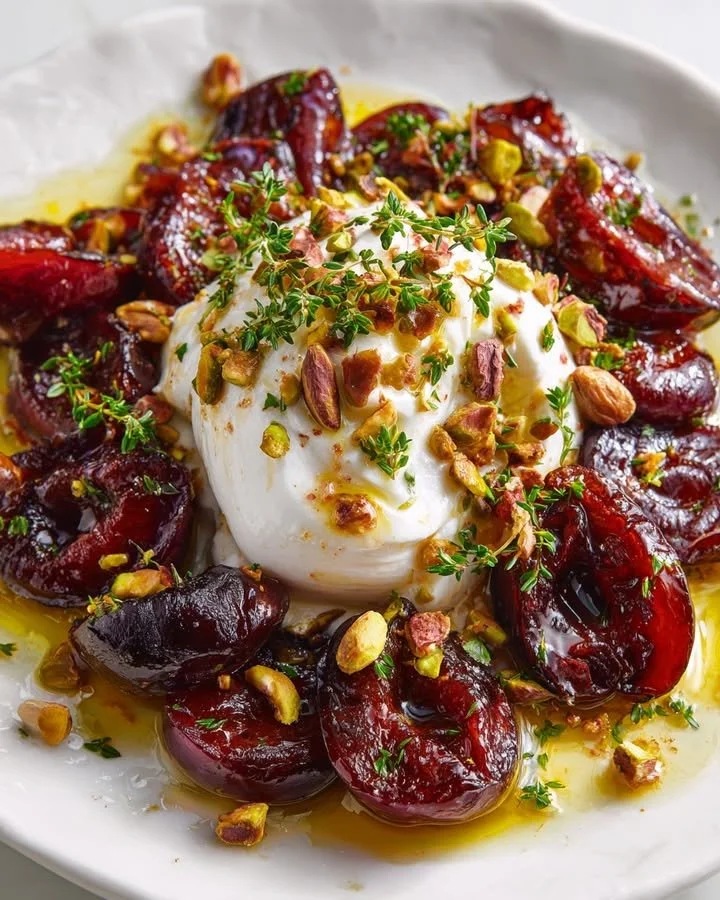 Burrata cheese served with roasted plums, pistachios, and thyme on a plate
