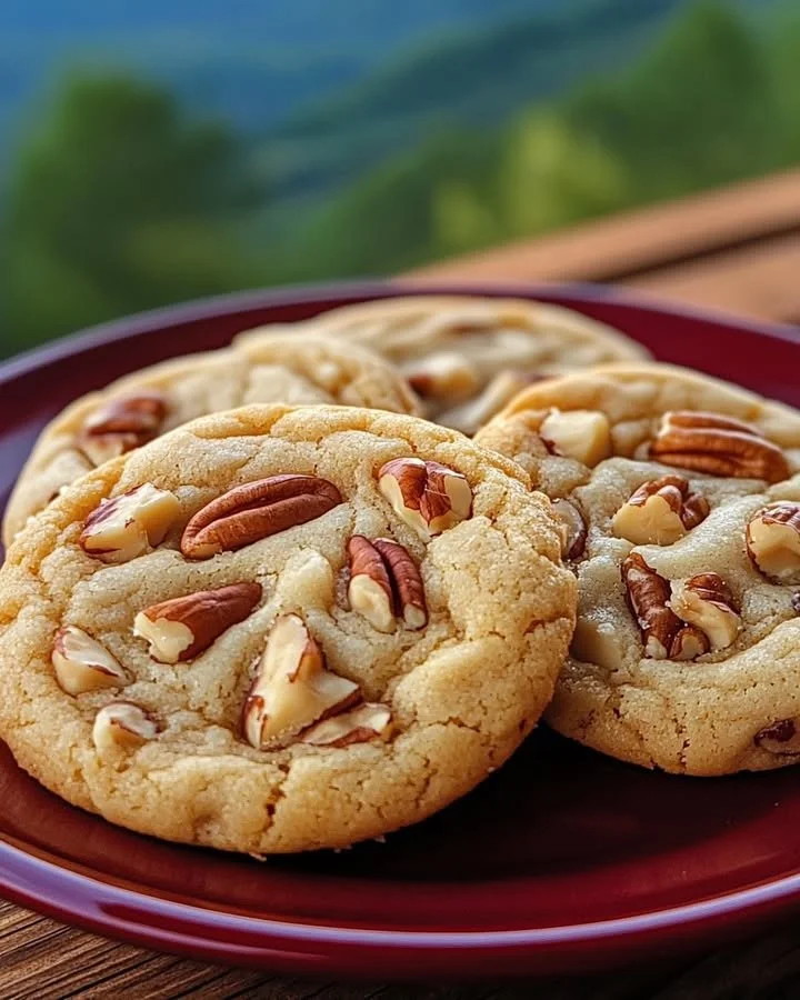 Freshly baked butter pecan cookies with nuts and golden brown edges.