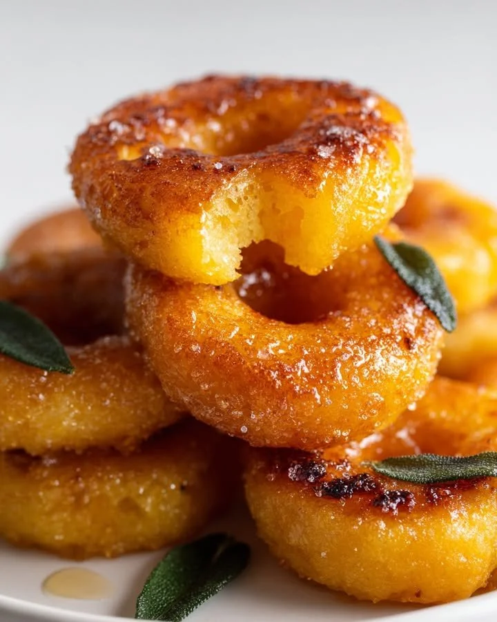 Butternut gnocchi donuts topped with brown butter sage sugar.