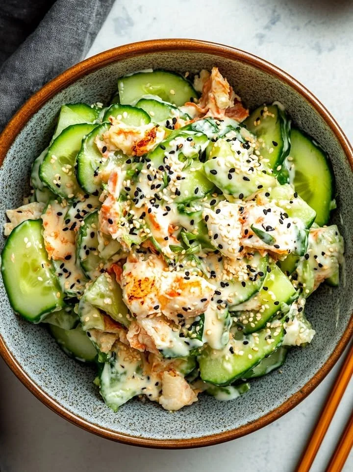 Delicious California Roll Cucumber Salad with fresh vegetables and sushi ingredients