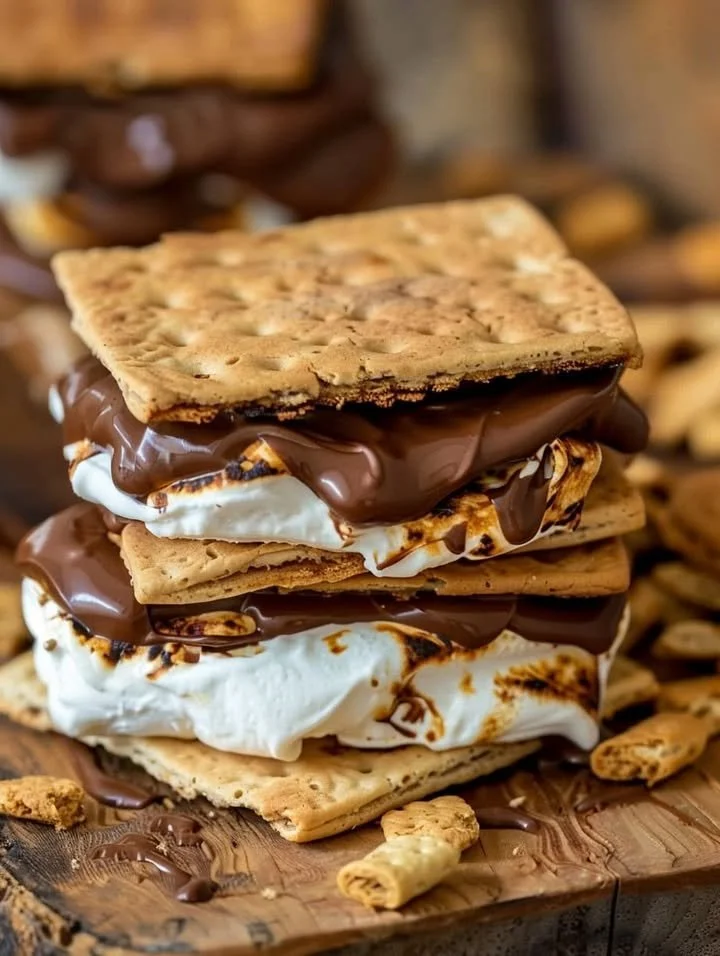 Delicious campfire s'mores with melted chocolate and toasted marshmallows.