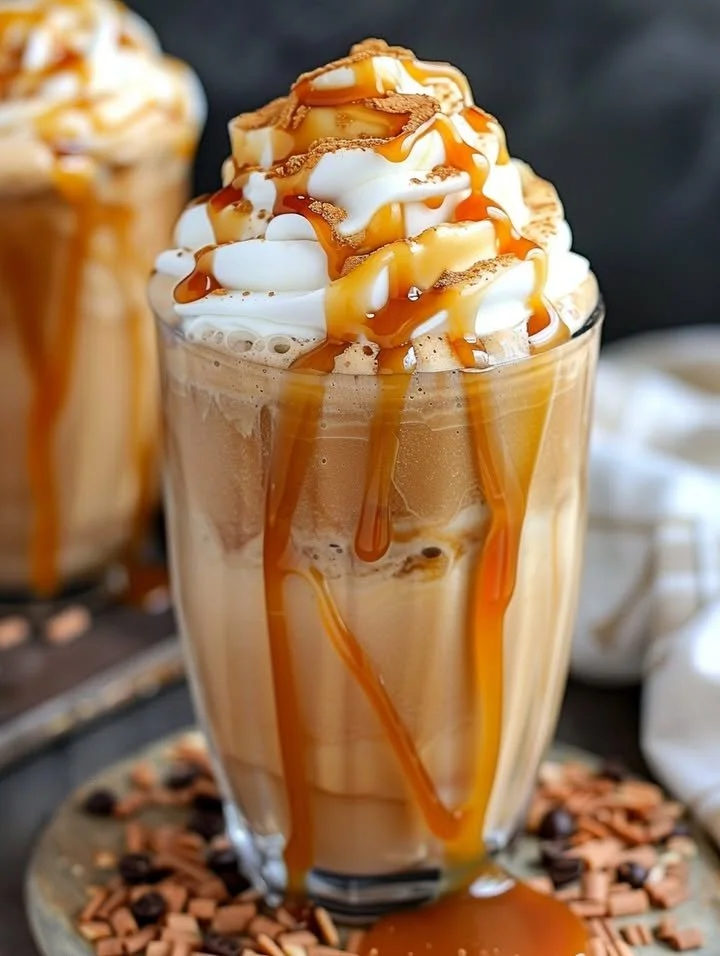 Delicious Caramel Frappuccino topped with whipped cream and caramel drizzle