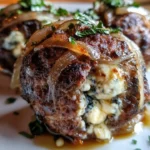 Caramelized onion and blue cheese stuffed meatballs on a plate